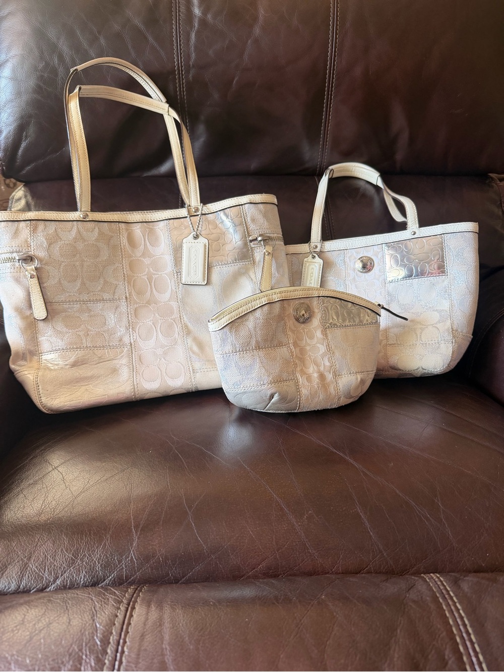 Coach Metallic Ivory Signature 3-Piece Tote Set